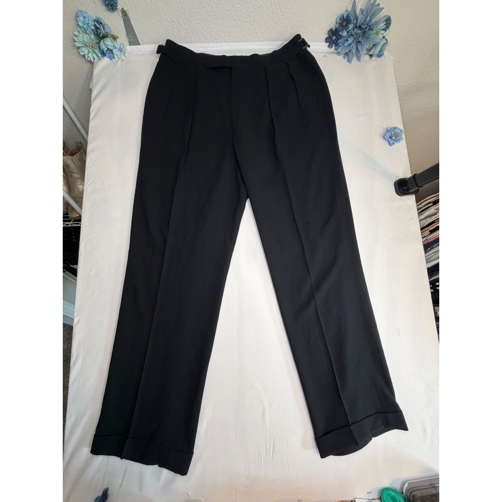 Ralph Lauren Purple Label Black Wool Pleated Wide Leg Trousers Side Tabs Size 34 - Picture 2 of 12